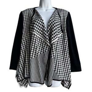 St. John Houndstooth Waterfall Cardigan Wool Blend Sz M Black Open Front Sweater
